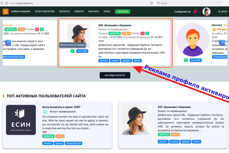 Реклама профиля пользователя на главной и в разделе каталога экспертов - paytop_006.png